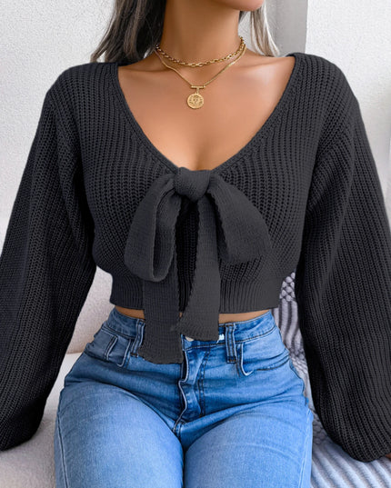 Bow Tie Sweater for Women with Puff Sleeves