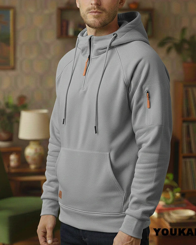Men's Retro Hooded Sweatshirt with Long Sleeves, Zipper, Multiple Pockets