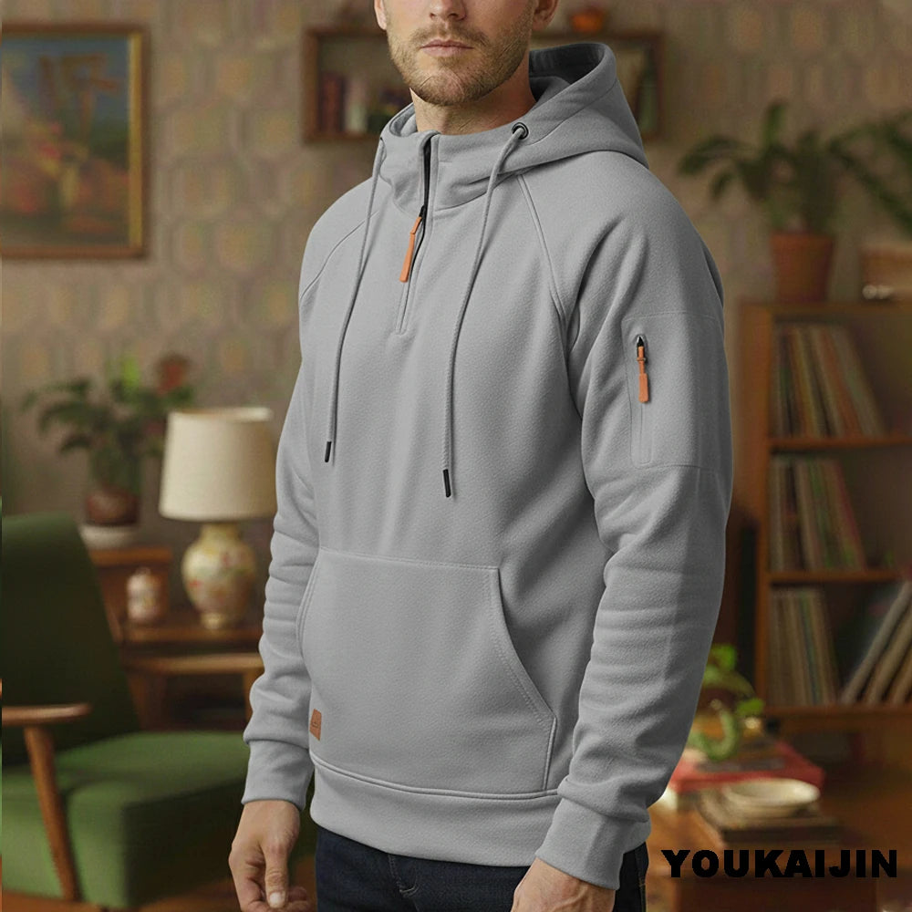 Men's Retro Hooded Sweatshirt with Long Sleeves, Zipper, Multiple Pockets