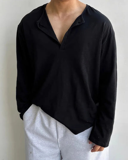 Cotton Men's Long Sleeve Loose Fit Sweater with Quarter Button Closure