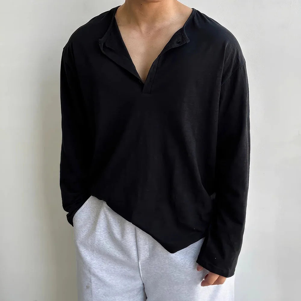 Cotton Men's Long Sleeve Loose Fit Sweater with Quarter Button Closure