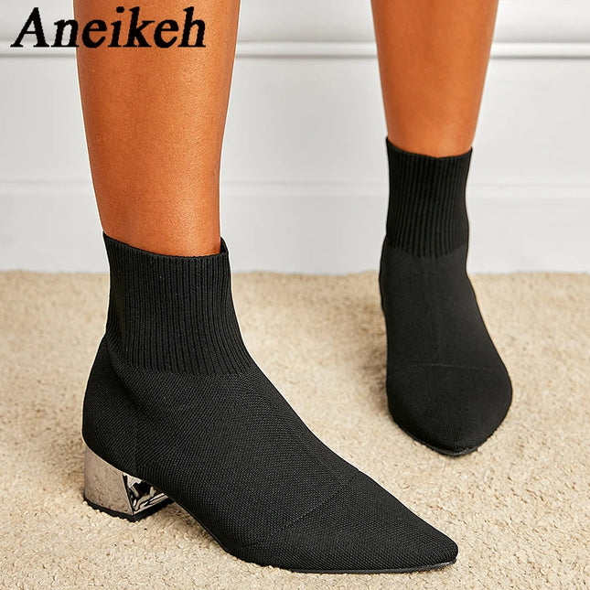 Aneikeh Women's Elegant Knit Stretch Ankle Boots