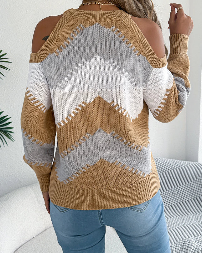 Women's Elegant Contrast Color Striped Long Sleeve Knit Sweater