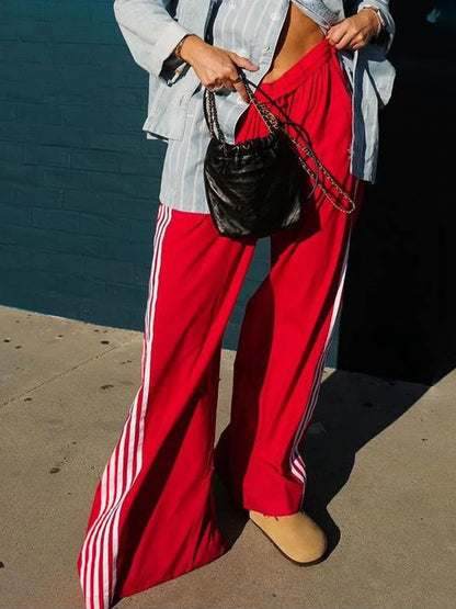 Women's Wide Leg Track Pants - Baggy Side Striped Sweatpants with Elastic Waistband