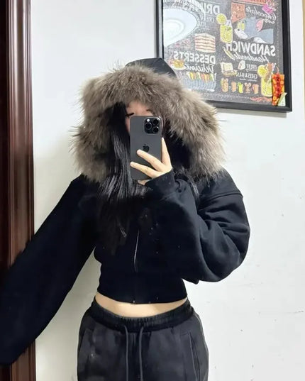 Women's Faux Fur Collar Cropped Zipper Hooded Jacket