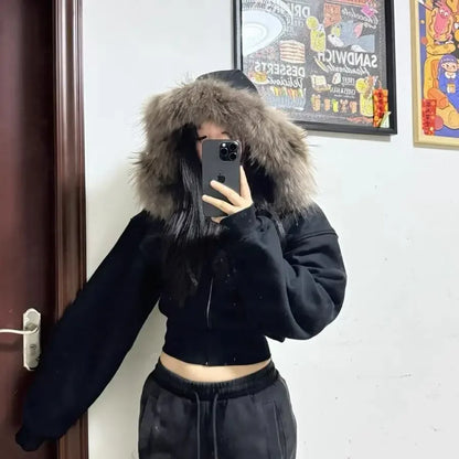 Women's Faux Fur Collar Cropped Zipper Hooded Jacket