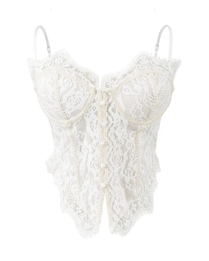 Women's Elegant Sheer Lace Camisole with Sleeveless Fishbone Design