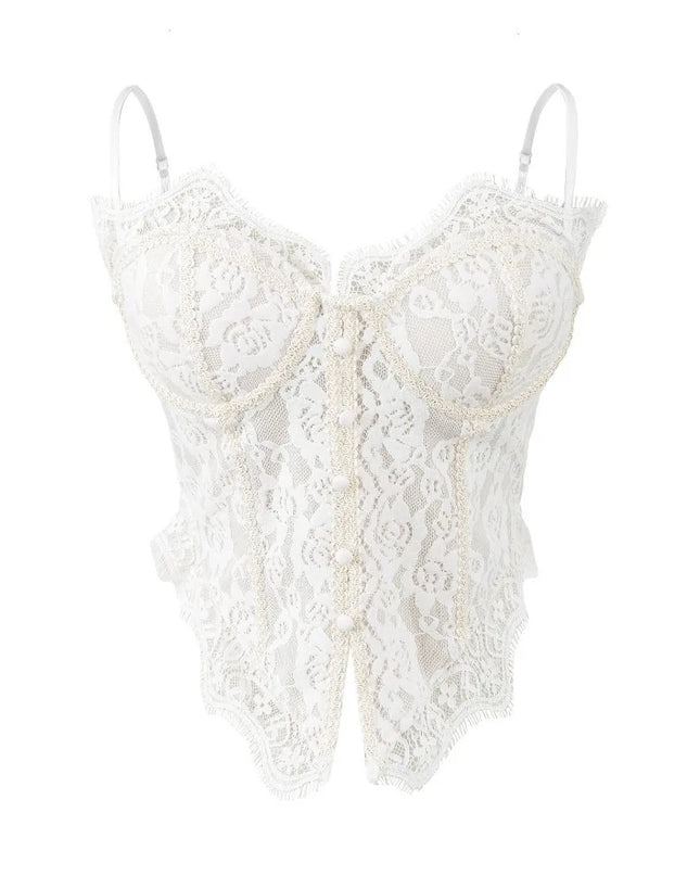 Women's Elegant Sheer Lace Camisole with Sleeveless Fishbone Design