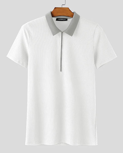 Incerun Men's Knitted T-Shirt with Lapel, Short Sleeve, and Zipper