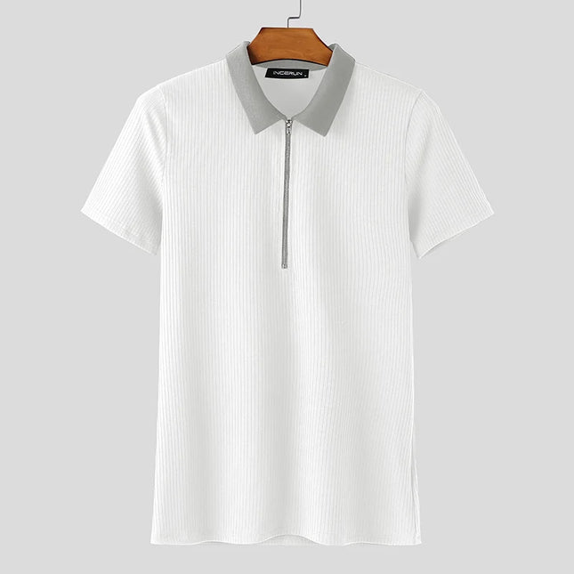 Incerun Men's Knitted T-Shirt with Lapel, Short Sleeve, and Zipper