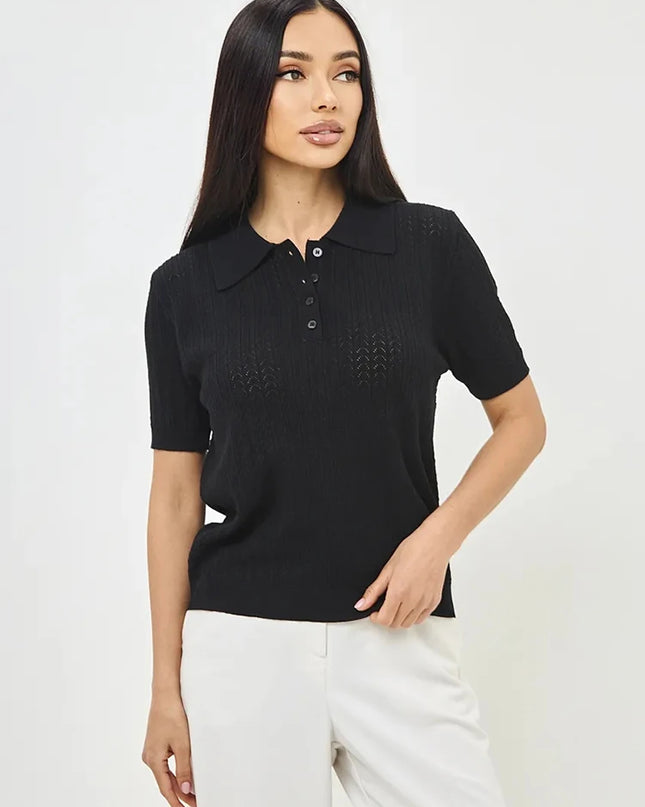 Hollow Knit Short Sleeve Polo T-Shirt for Women