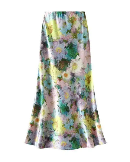 Women's High-Waisted Floral Print Satin-Like Long Skirt