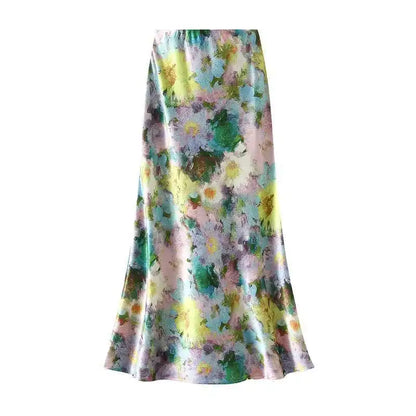 Women's High-Waisted Floral Print Satin-Like Long Skirt
