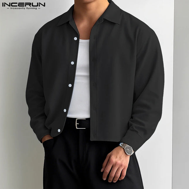 Incerun Men's Long Sleeve Lapel Shirt with Button Closure