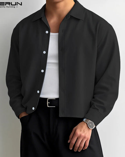 Incerun Men's Long Sleeve Lapel Shirt with Button Closure