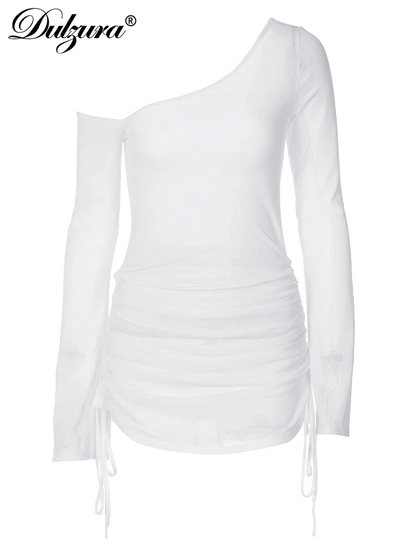 Women's Ruched Straps Lace-Up Sheer See-Through Drawstring Mini Dress