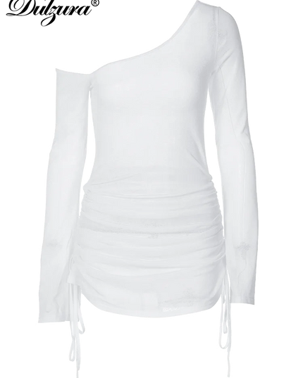 Women's Ruched Straps Lace-Up Sheer See-Through Drawstring Mini Dress