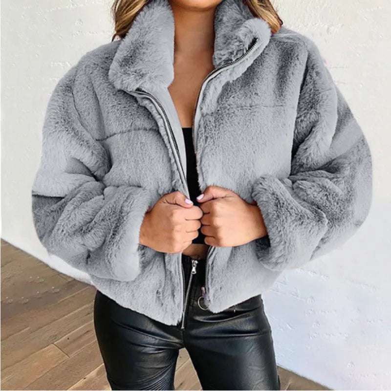 Women's Zippered Cropped Faux Fur Jacket with Stand Collar