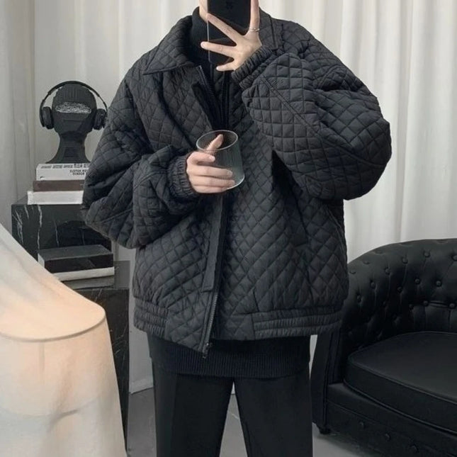 Diamond Grid Men's Cotton-Filled Coat - Loose Fit