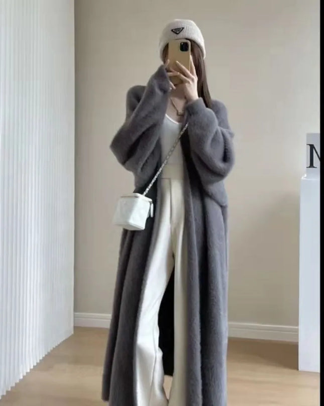 Women's Long Knitted Fluffy Cardigan with Long Sleeves