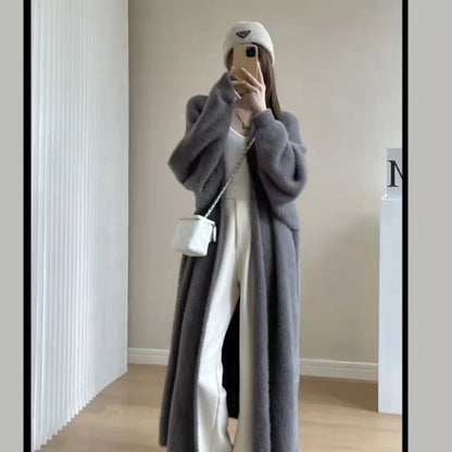 Women's Long Knitted Fluffy Cardigan with Long Sleeves