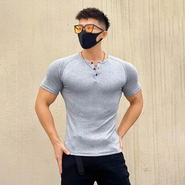 Men's Slim Fit Muscle T-Shirt - Half Button O-Neck