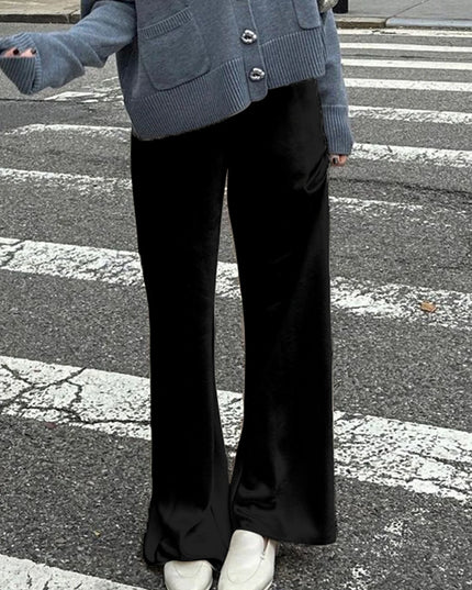Women's Satin Wide Leg Pants - Casual High Waist Elastic Waistline