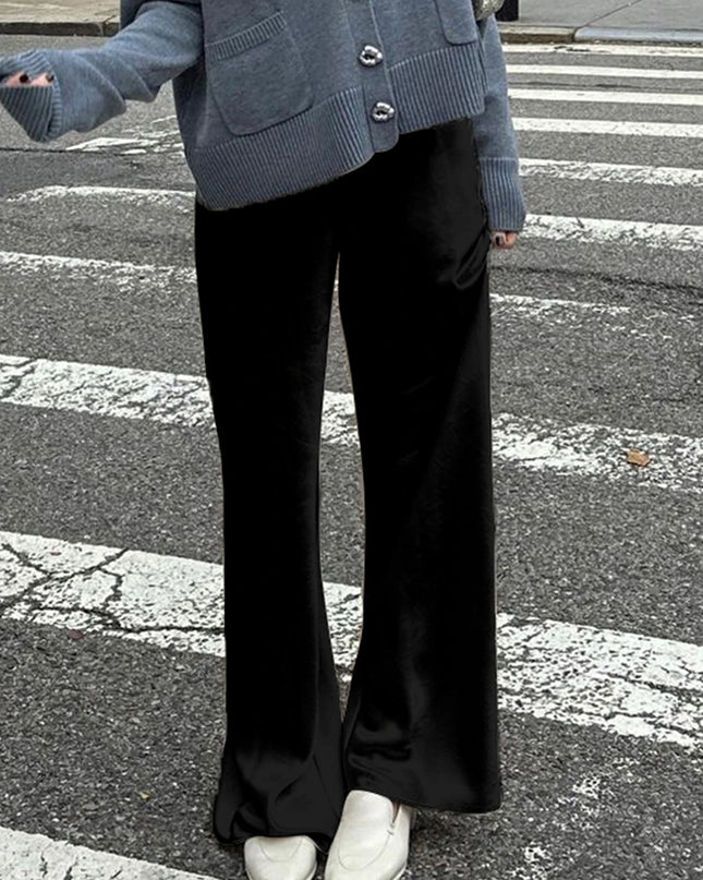 Women's Satin Wide Leg Pants - Casual High Waist Elastic Waistline