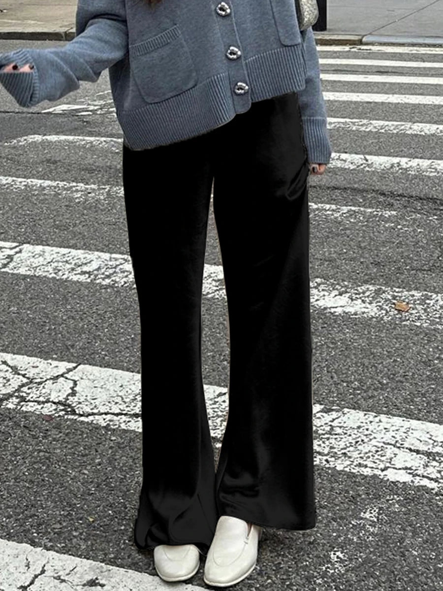 Women's Satin Wide Leg Pants - Casual High Waist Elastic Waistline