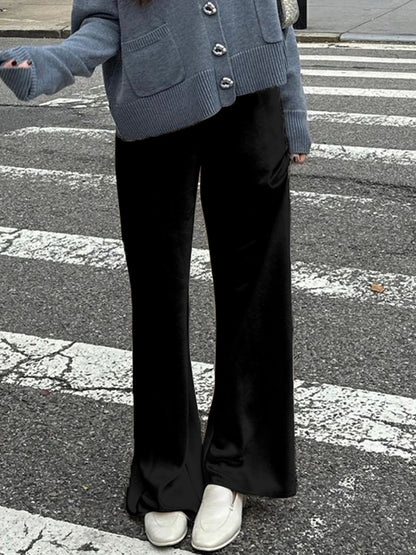 Women's Satin Wide Leg Pants - Casual High Waist Elastic Waistline