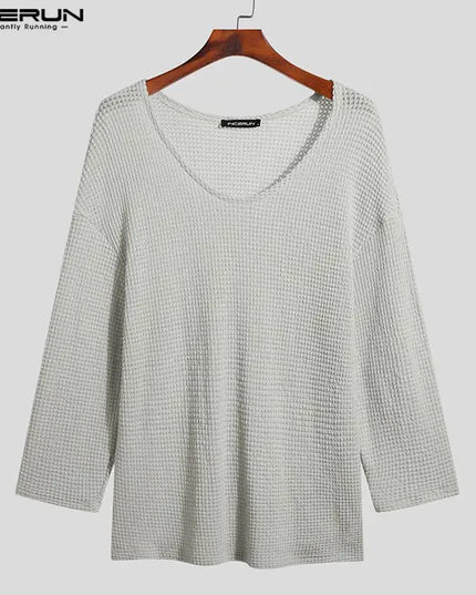 Incerun Men's Knitted V-Neck Long Sleeve Hollow-Out Loose Sweater