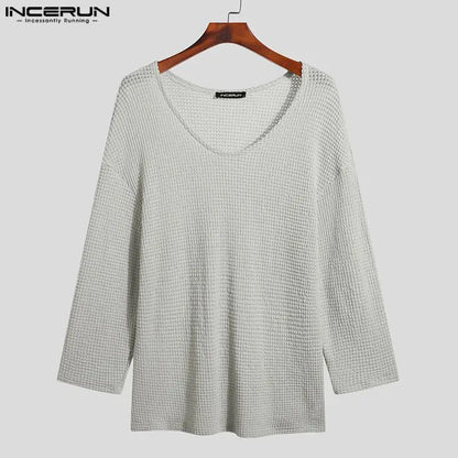 Incerun Men's Knitted V-Neck Long Sleeve Hollow-Out Loose Sweater