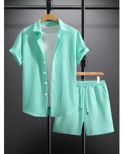 Men's Textured Two-Piece Short Sleeve Shirt and Drawstring Shorts Set