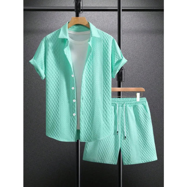 Men's Textured Two-Piece Short Sleeve Shirt and Drawstring Shorts Set