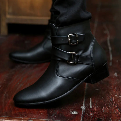 Men's Leather Chelsea Boots - Casual High-Top with Buckle Strap