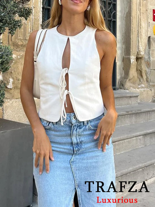 TRAFZA Women’s Sleeveless Slim Fit White Crop Top with String Tie