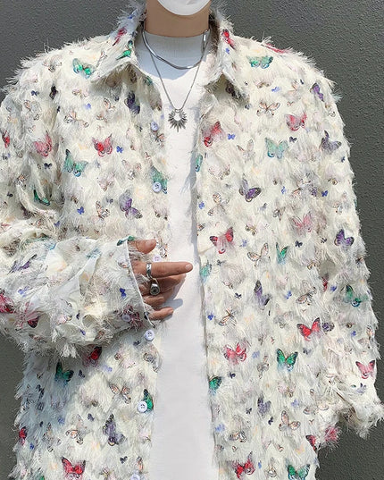 Men's Slim Fit Long Sleeve Shirt with 3D Butterfly Embroidery and Tassel Detailing