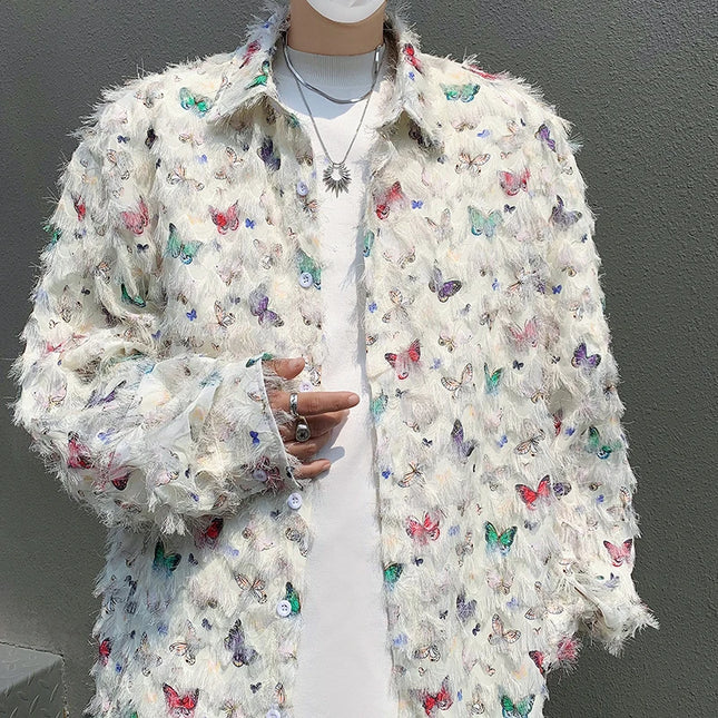 Men's Slim Fit Long Sleeve Shirt with 3D Butterfly Embroidery and Tassel Detailing
