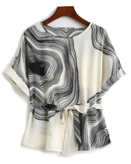 Vintage Chiffon Blouse for Women - Striped, Short Sleeve, Lace-Up