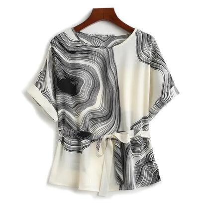 Vintage Chiffon Blouse for Women - Striped, Short Sleeve, Lace-Up
