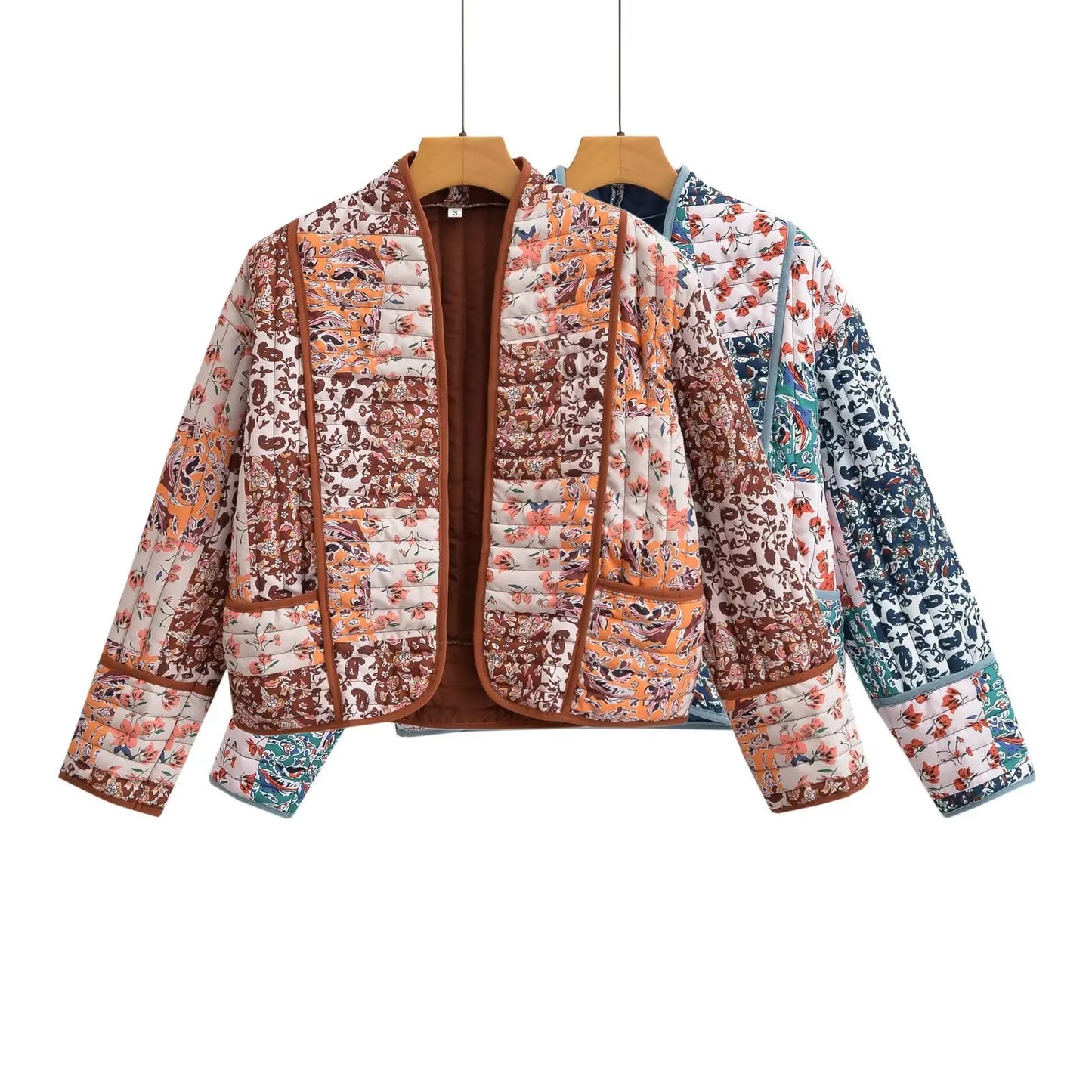 Women's Floral Print Quilted Loose Fit Jacket with Front Pockets