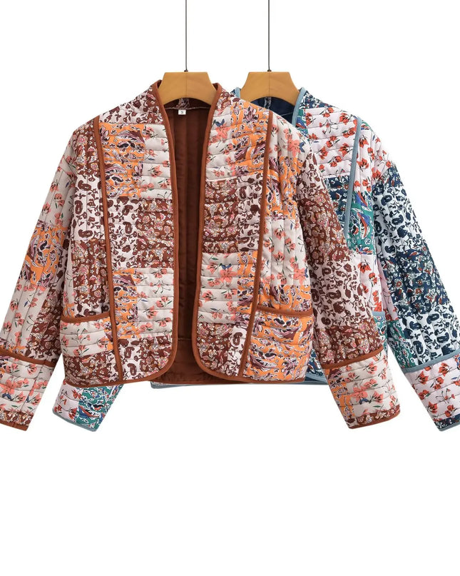 Women's Floral Print Quilted Loose Fit Jacket with Front Pockets
