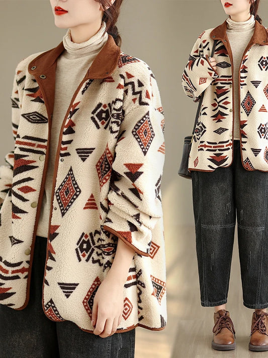 Women's Double-Sided Faux Fur Jacket with Geometric Print