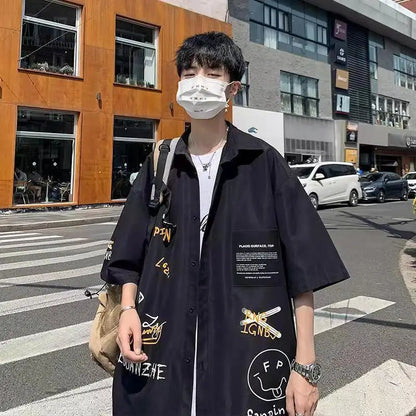 Men's Two-Piece Graffiti Print Loose Fit Button-Up Shirt & Shorts Set