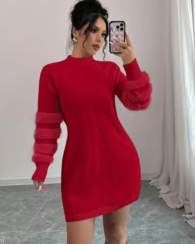 Women's Casual Loose-Fit Knit Patchwork Dress with Stand Collar