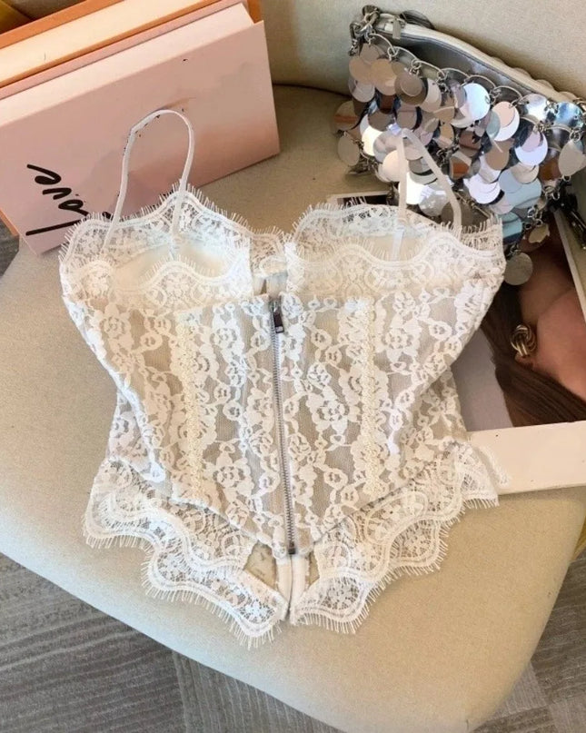 Women's Elegant Sheer Lace Camisole with Sleeveless Fishbone Design
