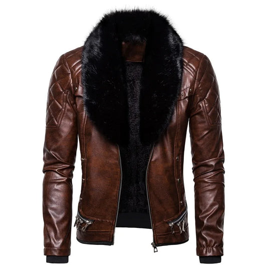 Men's Removable Collar Slim Fit Warm Faux Leather Jacket