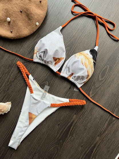 Women's Striped High-Waist Thong Bikini Set