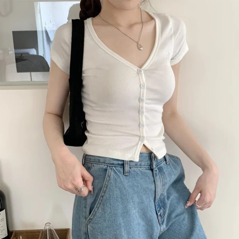 Women's V-Neck Short Sleeve Button Crop Top Sweater