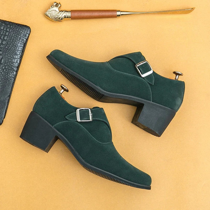 Men's 6CM Height-Boosting Platform Shoes with Pointed Toe and Buckle Decoration